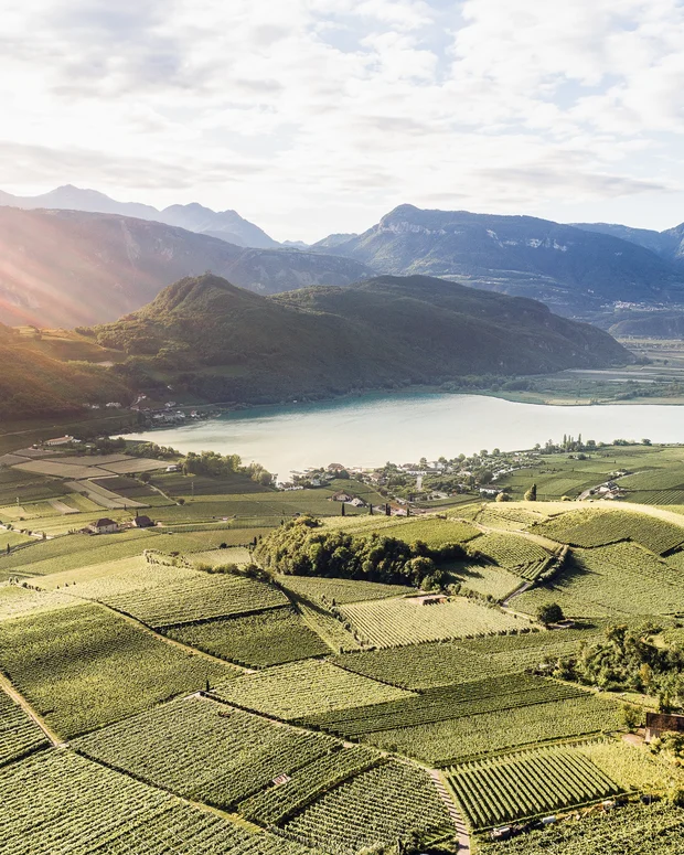 Drohnenaufnahme Kalterer See hinter Wellnesshotel Südtirol